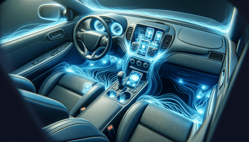 Hier ist die Darstellung des Innenraums eines Autos, die den Elektrosmog zeigt. Die Visualisierung stellt elektromagnetische Energie als subtile, hellblaue Ströme dar, die um elektronische Geräte wie das Armaturenbrett, GPS und Mobiltelefone fließen.