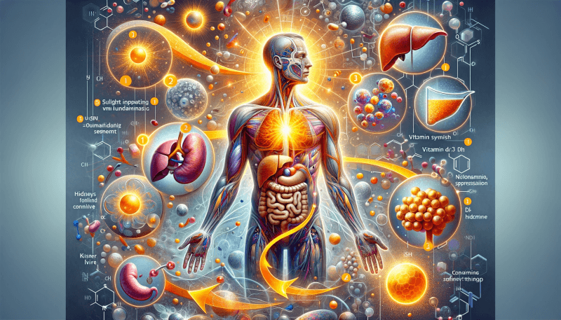 Hier ist ein  semi-abstraktes Bild, das den Syntheseprozess von Vitamin D3 im menschlichen Körper darstellt. Dieses Bild verwendet ebenfalls eine Kombination aus realistischen und abstrakten Stilen, um die wissenschaftlichen Aspekte visuell ansprechend zu vermitteln. 