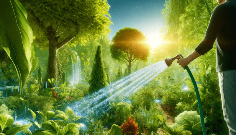 Hier ist die visualisierte Szene, die das Gießen von Pflanzen und Bäumen mit energetisiertem Wasser zeigt. 