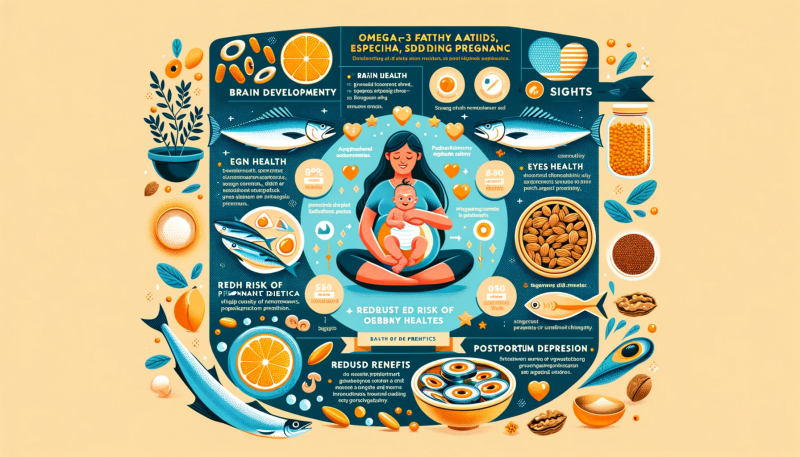 Hier ist die Visualisierung, die die Bedeutung von Omega-3-Fettsäuren, insbesondere DHA, während der Schwangerschaft für Mutter und Kind darstellt. Sie zeigt die wichtigsten Vorteile für die Entwicklung des Babys sowie die gesundheitlichen Vorteile für die Mutter und listet die Quellen von Omega-3-Fettsäuren auf.