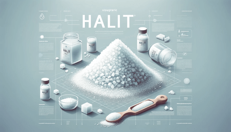 Hier ist die visuelle Darstellung von Halit-Salz im Querformat (7:3). Die Grafik hebt die natürliche Schönheit und Reinheit der Halit-Salzkristalle hervor. 