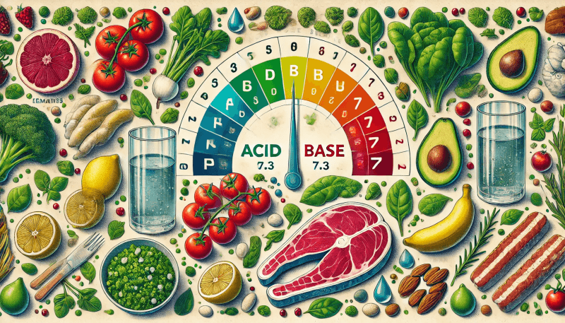 Hier ist das Bild, das das Säure-Basen-Gleichgewicht mit sauren und basischen Lebensmitteln veranschaulicht. Links sind säurehaltige Lebensmittel wie Zitronen, Tomaten und rotes Fleisch zu sehen, während rechts basische Lebensmittel wie Spinat, Bananen und Mandeln dargestellt sind. Der pH-Wert von 7,3 ist auf der Skala markiert.