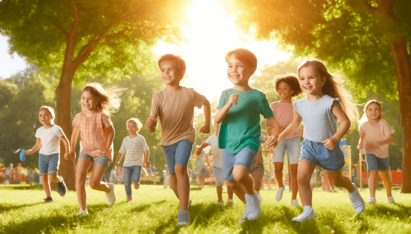 Visualiserung gesunder und glücklicher Kinder in einem sonnigen Park zeigt.