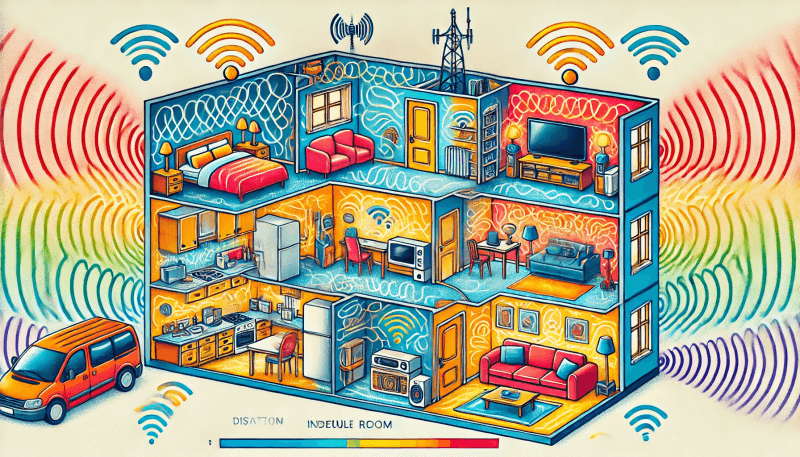 Hier ist die aktualisierte bunte Visualisierung der Elektrosmogbelastung in einer Wohnung ohne Auto. Die Illustration zeigt verschiedene Räume wie Wohnzimmer, Küche und Schlafzimmer mit typischen Geräten und der Emission elektromagnetischer Felder, dargestellt durch wellenförmige Linien.